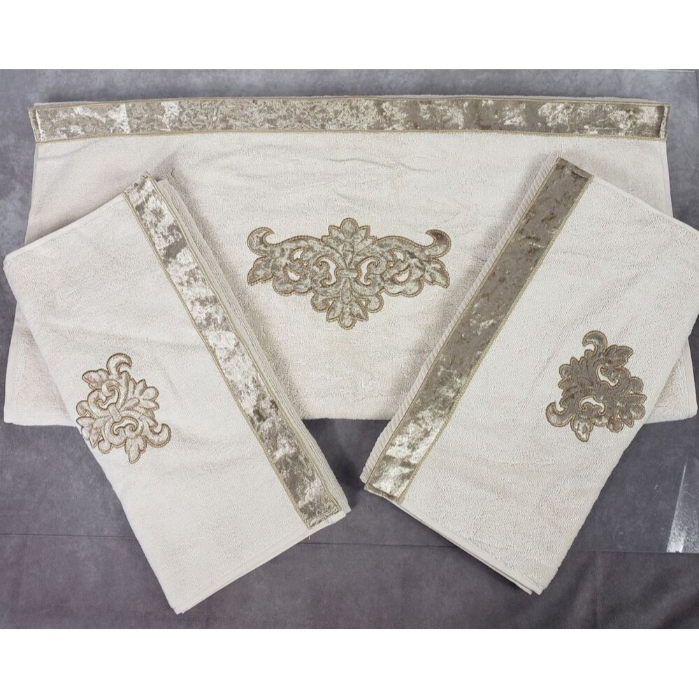Linum Home 3 Pc Bath Towel Set Beige Turkish Cotton May Embellished